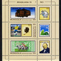 Mongolia 1979 'Brasiliana 79' Stamp Exhibition perf sheetlet containing set of 3 values plus 3 labels unmounted mint, SG MS1233