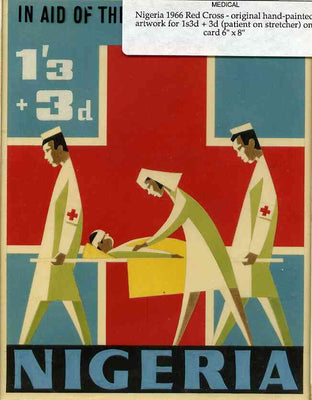 Nigeria 1966 Red Cross - original hand-painted artwork for 1s3d + 3d (patient on stretcher) by unknown artist on card 6