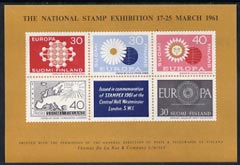 Exhibition souvenir sheet for 1961 Stampex showing four unadopted Europa designs for Finland plus the 1960 accepted design unmounted mint