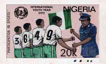 Nigeria 1985 International Youth Year - original hand-painted artwork for 20k value (Participation in Sports as issued stamp) by G O Akinola on card 8.5