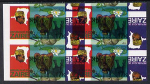 Zaire 1979 River Expedition 17k (Leopard & Water Lily) superb imperf proof block of 4 superimposed with 4k value (elephant) inverted (SG 954 & 957) unmounted mint. NOTE - this item has been selected for a special offer with the price significantly reduced