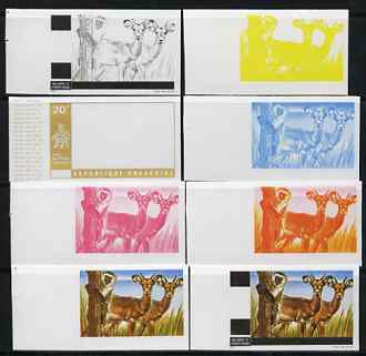 Rwanda 1972 Gazelles & Monkey 20c (from Akagera National Park set) the set of 8 imperf progressive proofs comprising the 5 individual colours plus 2, 3 and 4-colour composites, as SG 456