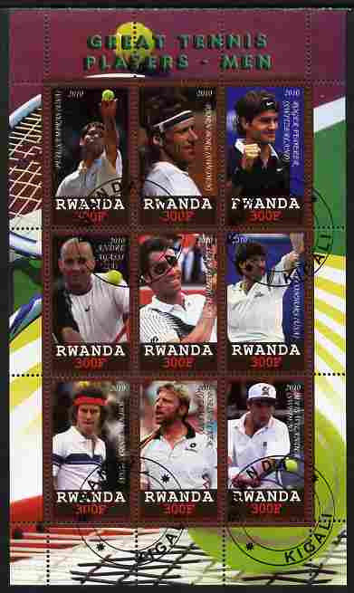 Rwanda 2010 Great Tennis Players - Men perf sheetlet containing 9 values fine cto used