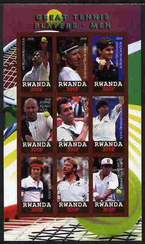 Rwanda 2010 Great Tennis Players - Men imperf sheetlet containing 9 values unmounted mint