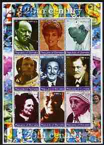 Somalia 2002 Personalities of the 20th Century #2 perf sheetlet containing 9 values, fine cto used (Churchill, Pope, Disney, N Armstrong, Diana, Mother Teresa, etc)