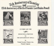 Tonga 1982 75th Anniversary of Scouting Walsall Security Printers publicity card showing the set of 5 in black