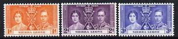 Sierra Leone 1937 KG6 Coronation perf set of 3 unmounted mint, SG 185-87*