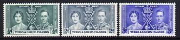 Turks & Caicos Islands 1937 KG6 Coronation perf set of 3 unmounted mint, SG 191-93