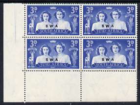 South West Africa 1947 KG6 Royal Visit 3d unmounted mint positional corner block of 4 including R19/2 Blinded Princess variety