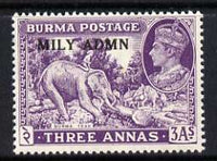 Burma 1945 Mily Admin opt on Elephant & Teak 3a violet with opt doubled (probably a kiss print) unmounted mint, SG 43var*