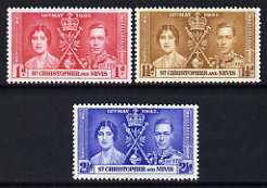 St Kitts-Nevis 1937 KG6 Coronation perf set of 3 unmounted mint, SG 65-67