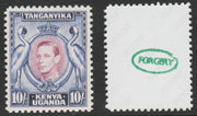 Kenya, Uganda & Tanganyika 1938-54 KG6 Crowned Cranes 10s,'Maryland' perf forgery 'unused', as SG 149 - the word Forgery is either handstamped or printed on the back and comes on a presentation card with descriptive notes