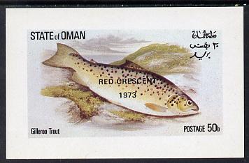 Oman 1973 Fish (Gilleroo Trout) opt'd Red Crescent imperf souvenir sheet (50b value) unmounted mint