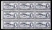 Newfoundland 1937 KG6 Coronation Codfish 1c (line perf 13.5 from 'long' KG6 Coronation set) unmounted mint block of 9, one stamp with 'fish hook flaw' R3/3, SG 257cb