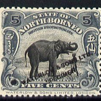 North Borneo 1909 Elephant 5c Printers sample in grey black opt'd 'Waterlow & Sons Specimen' with small security punch hole (as SG 165) without gum as issued