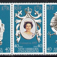 New Hebrides - English 1978 Coronation 25th Anniversary strip of 3 (QEII, White Horse & Cock) SG 262-64 unmounted mint