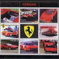 Turkmenistan 1999 Ferrari perf sheetlet containing set of 8 values plus label fine cto used