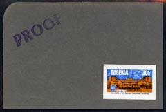 Nigeria 1973 Ibadan University imperf stamp-sized machine proof of 30k value mounted on small grey card marked 'Proof' as submitted for approval, similar to issued stamp, as SG 320