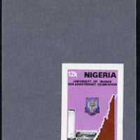 Nigeria 1973 Ibadan University imperf stamp-sized machine proof of 12k value mounted on small grey card as submitted for approval, similar to issued stamp, as SG 318