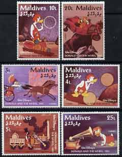 Maldive Islands 1995 History of Wheeled Transport scenes from Walt Disney's 'Donald & the Wheel' - short set of 6 vals to 25l unmounted mint, SG 2191-96