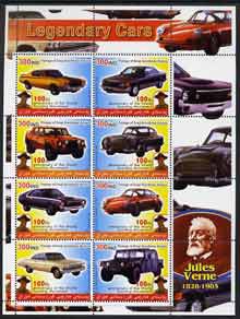 Iraqi Kurdistan Region 2005 Legendary Cars #3 large perf sheetlet containing 8 values each with 100th Anniversary of Scouting, Jules Verne in margin, unmounted mint