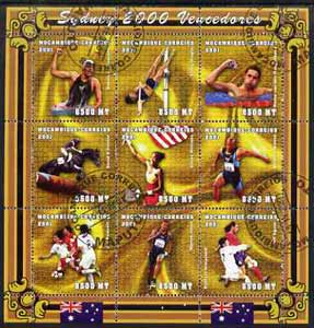 Mozambique 2001 Sydney Olympics perf sheetlet #2 containing 9 values fine cto used (Swimming, Pole Vault, Equestrian, Tennis, Running & Football)