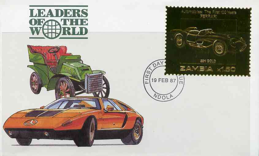 Zambia 1987 Classic Cars 1k50 Ferrari in 22k gold foil on cover with first day of issue cancel, limited edition and very elusive