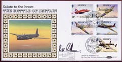 Jersey 1990 Benham silk cover saluting the Battle of Britain, bearing the Jersey 50th Anniversary set of 5 with special Anniversary cancel, carried in a Lancaster of the Memorial Flight and signed by Canadian Ace Bill Randall