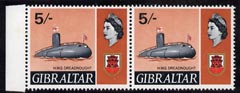 Gibraltar 1967-69 HMS Dreadnought 5s unmounted mint pair, one stamp with white flaw on front pf Sub, SG 211var