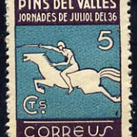 Cinderella - 1936 perf 5c label inscribed Pins Del Valles showing rider on horse unmounted mint