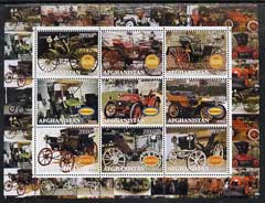 Afghanistan 2000 Early Cars #3 (Benz & Wolseley) perf sheetlet containing set of 9 values unmounted mint