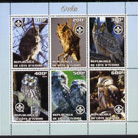 Ivory Coast 2004 Owls perf sheetlet containing 6 values each with Scouts Logo unmounted mint