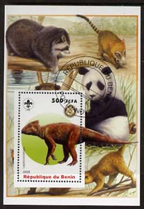 Benin 2005 Dinosaurs #05 - Leptoceraptops perf m/sheet with Scout & Rotary Logos, background shows Panda etc fine cto used