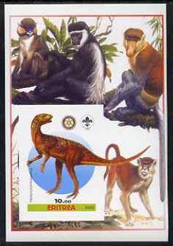 Eritrea 2005 Dinosaurs #04 - Heterodontosaurus imperf m/sheet with Scout & Rotary Logos, background shows various Apes unmounted mint