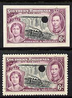 Southern Rhodesia 1937 KG6 Coronation 6d perf & imperf proof in issued colours each with security punch hole, as SG 39