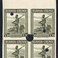 Ruanda-Urundi 1942-43 Askari Sentry 3f50 imperf marginal proof block of 4 in issued colour each each with Waterlow & Sons security punch holes with full gum but very slight soiling, as SG134