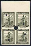 Ruanda-Urundi 1942-43 Askari Sentry 3f50 imperf marginal proof block of 4 in issued colour each each with Waterlow & Sons security punch holes with full gum but very slight soiling, as SG134