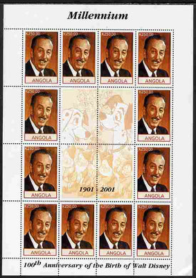 Angola 2001 Centenary of Walt Disney perf sheetlet containing 12 values plus 4 labels unmounted mint, corner wrinkled