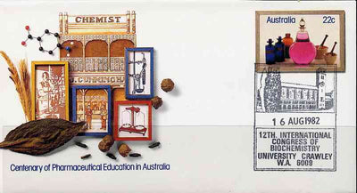 Australia 1981 Centenary of Pharmaceutical Education 22c postal stationery envelope with special illustrated 'Biochemistry Conference' cancellation