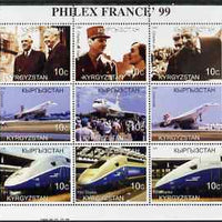 Kyrgyzstan 1999 Philex France '99 perf sheetlet containing set of 9 values (De Gaulle, Concorde & TGV) unmounted mint