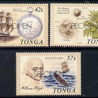 Tonga 1989 Bicentenary of Mutany on Bounty set of 3 opt'd SPECIMEN (Bligh, Breadfruit, Chronometer) unmounted mint as SG 1032-34