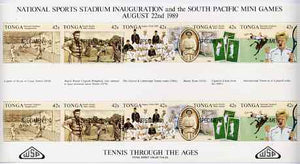 Tonga 1989 Sports Stadium (Tennis through the Ages) sheetlet opt'd SPECIMEN unmounted mint, as SG 1045a