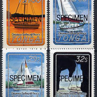 Tonga 1983 Christmas (Yachting) self-adhesive set of 4 opt'd SPECIMEN (Map used as backing paper), as SG 857-60*