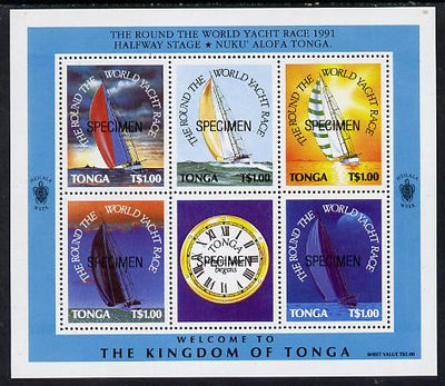 Tonga 1991 Round the World Yacht Race m/sheet (5 vals plus label showing clock face) opt'd SPECIMEN unmounted mint as SG MS 1129