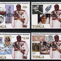 Tonga 1988 King's 70th Birthday perf set of 4 opt'd SPECIMEN (showing Ship, Plane, Sports, Scouts, Oil Derrick etc) unmounted mint as SG 985-88