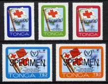 Tonga 1981 International Year of the Disabled self-adhesive set of 5 opt'd SPECIMEN, as SG 780-84 (blocks or gutter pairs with Red Cross pro rata) unmounted mint