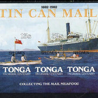 Tonga 1982 Tin Can Mail Centenary self-adhesive m/sheet opt'd SPECIMEN, as SG MS 821 (mail canoe & ship) unmounted mint