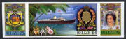 Belize 1985 Royal Visit se-tenant strip of 3 in Cromalin (plastic coated proof) as issued stamps (SG 862a)