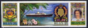 Belize 1985 Royal Visit se-tenant strip of 3 in Cromalin (plastic coated proof) similar to issued stamps except the Britannia stamp is valued $5 and each stamp shows designer's name at bottom (SG 862a)