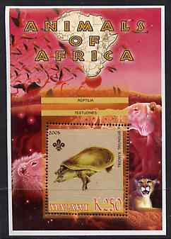 Malawi 2005 Animals of Africa - Turtle perf m/sheet with Scout Logo & Lions in background, unmounted mint